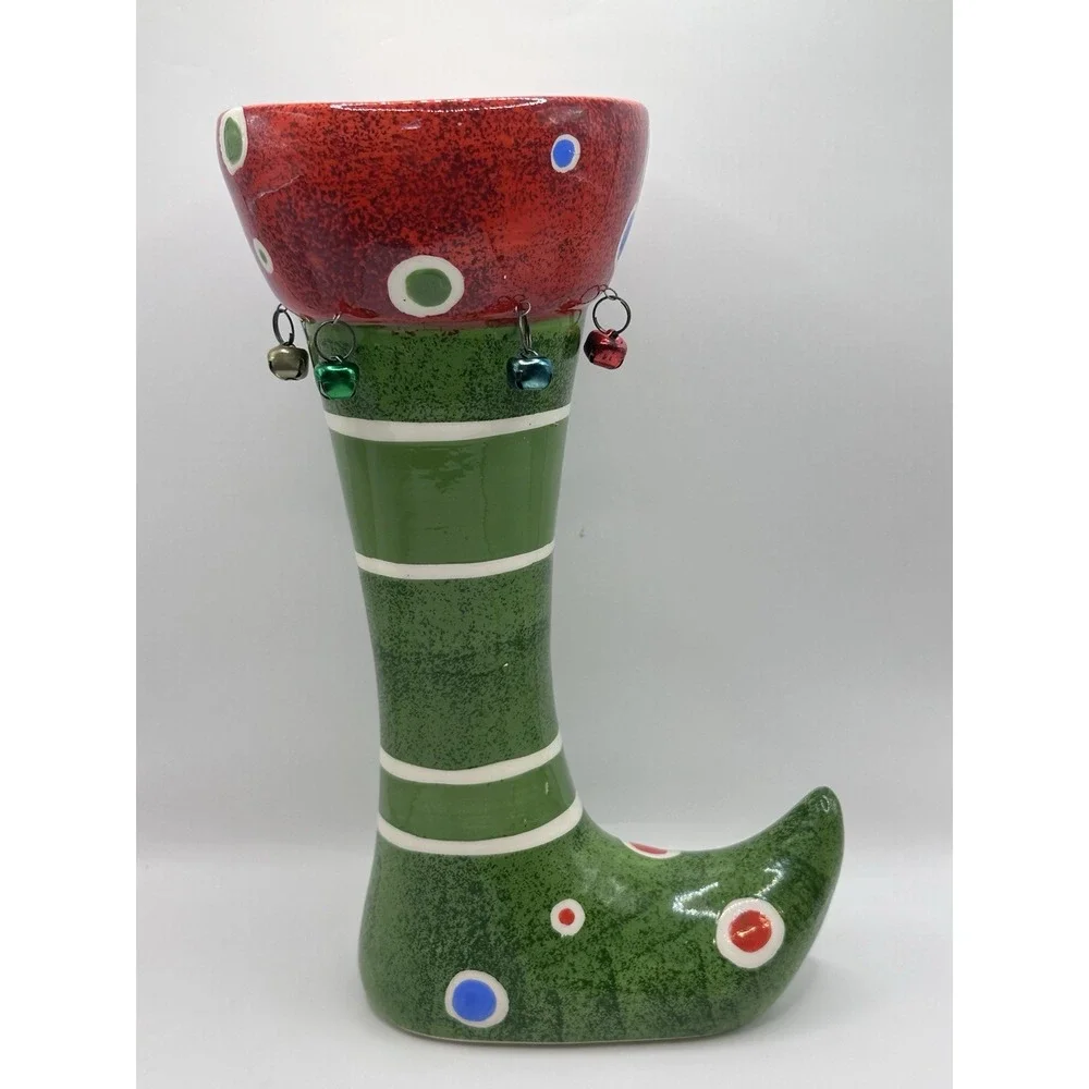 Vintage Christmas Elf Boot Shoe Vase Collectible Holiday Decor Stripes Dots 10